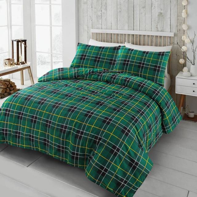 (Super King, Green) Flannelette Duvet Cover Set Brushed Cotton Bedding Tartan Check