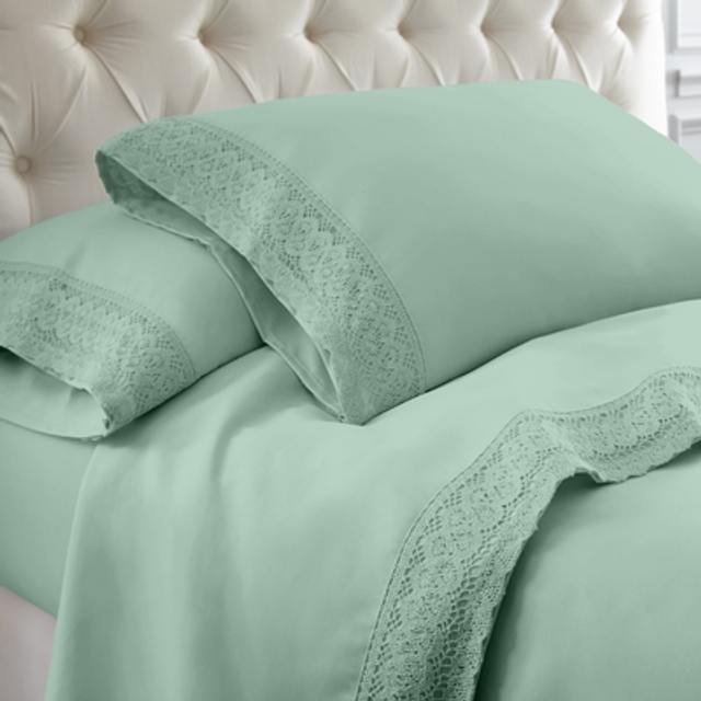 Modern Threads Seafoam Microfiber Bed Linen Set - 4Pcs Luxurious Crochet Lace Sheets & Pillowcases  King  Deep Pocket  Stain Resistant