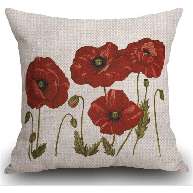 Cushion Cover 18x18 inch Oil Painting Beautiful Plant Flowers red Poppy Throw Pillow Case Linen Square Throw Pillow Cover