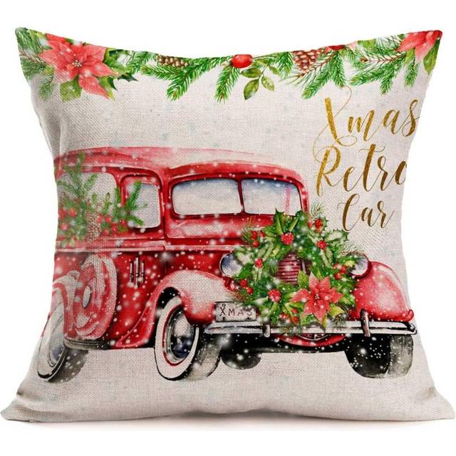 Christmas Tree and Red Truck Cotton Linen Throw Waist Pillow Case Cushion Cover for Winter Home Room Christmas Decorative 18x18 (B)