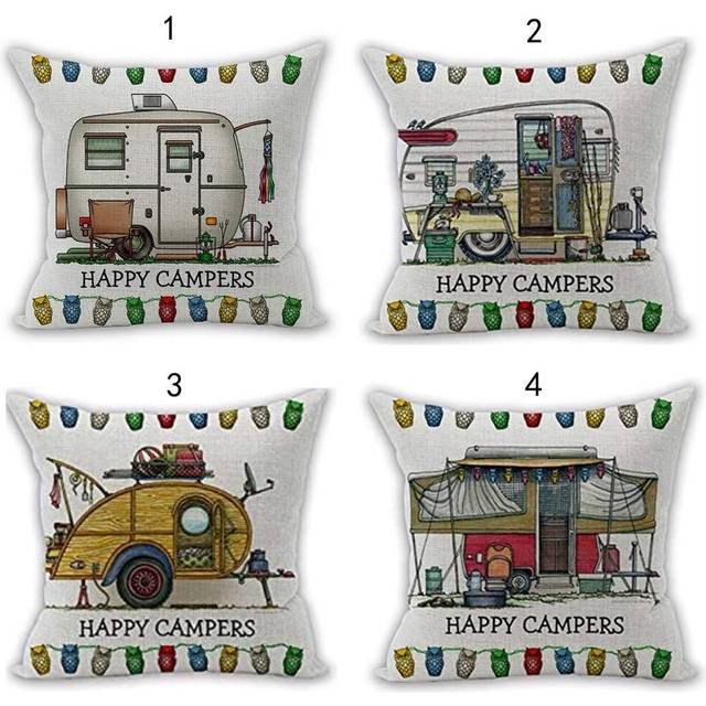 Nunubee Happy Campers Motorhome Decorations Linen Throw Pillow Covers Home Decor Cushion Cover for Sofa Couch 18x18 Inch / 45x45 CM - 4pcs Set