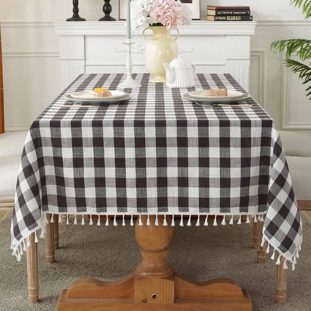 Square Plaid Tablecloth Square Washable Plaid Tablecloth with Tassels Cotton Linen Plaid Tablecloth for Kitchen Dining Room, Black and White, 55 Inch