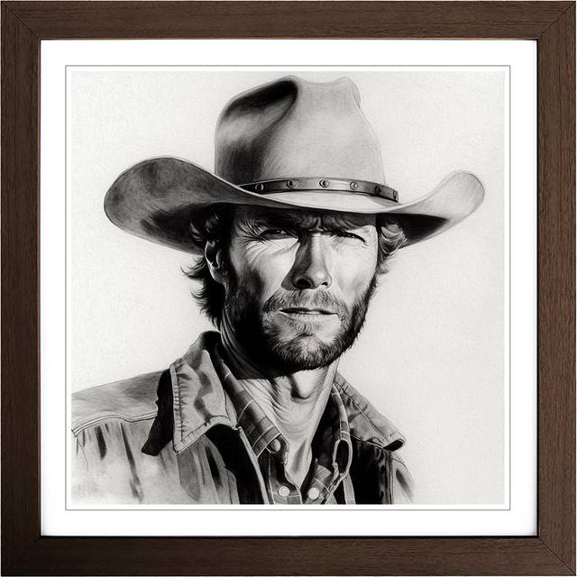 Clint Eastwood Drawing No.1 - Single Picture Frame Art Prints on Wood - Walnut (45cm H X 45cm W)