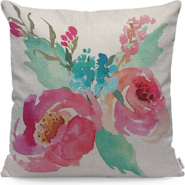 Pink Turquoise Flowers Cushion Cover Watercolor Peonies Summer Girly Decorative Throw Pillow Covers For Couch, Bed Sofa Pillows Case 45X45 Cm