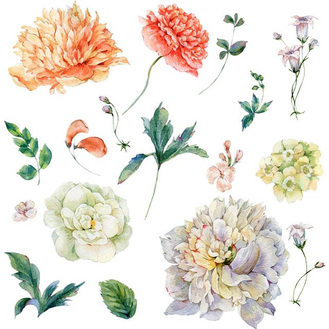 Set of Vintage Watercolour Peonies and Wildflowers - Wrapped Canvas Graphic Art (30cm H x 30cm W)