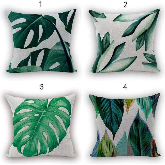 Nunubee Green Leaves Tropical Plant Decorations Linen Throw Pillow Covers Home Decor Cushion Cover for Sofa Couch 18x18 Inch / 45x45 CM - 4pcs Set