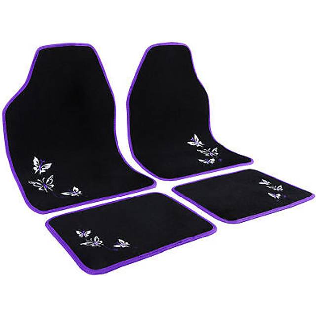 WOLTU AM7140 Universal Non-Slip Carpet Car Floor Mats Set of 4 Pieces Front & Rear, Black with Purple Embroidery Butterfly