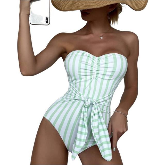 (M, Green) Women Striped Strapless One Piece Swimsuit Sleeveless Tube Bodysuit Swimwear Bathing Suit Ruched