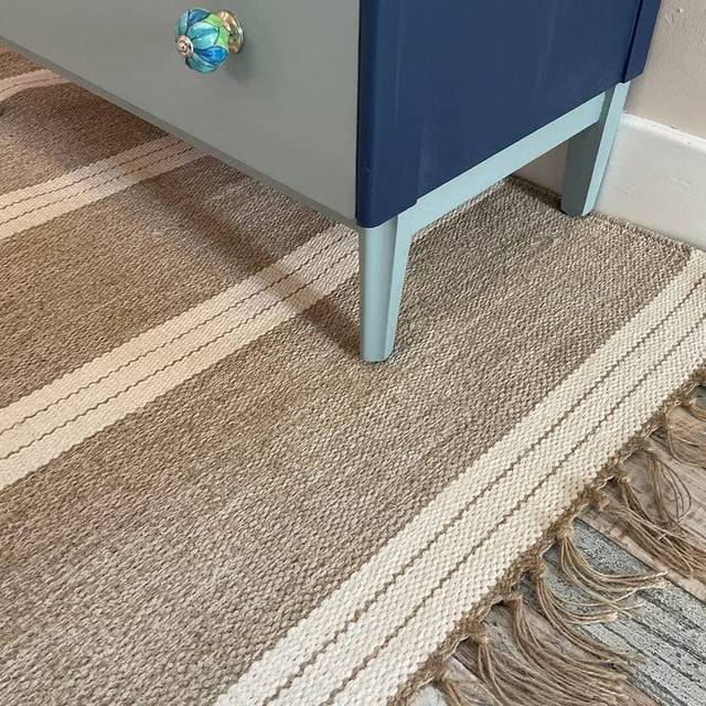 Reteela Small Runner Rug Sand Beige and Off White Triple Block Stripe Flat Weave with Cotton Jute Yarn 70 cm x 130 cm