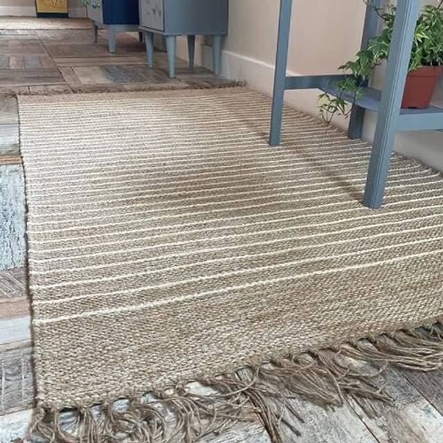 - BEKAL Area Rug | Sand Beige and Off White Pin Stripe Weave of Cotton Jute Yarn | Hand Woven | Ethical Trade | Eco-Friendly (70 x 130 cm)