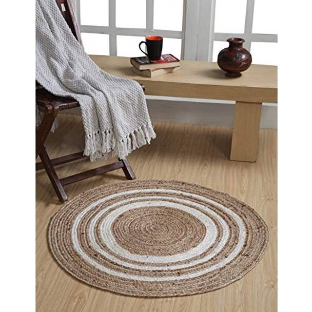 KHIDAKEE Jute Round Rug | Ethically Sourced | Eco-Friendly | Handwoven | Natural Fiber with White Stripe Design | Small Size (90 cm Diameter)