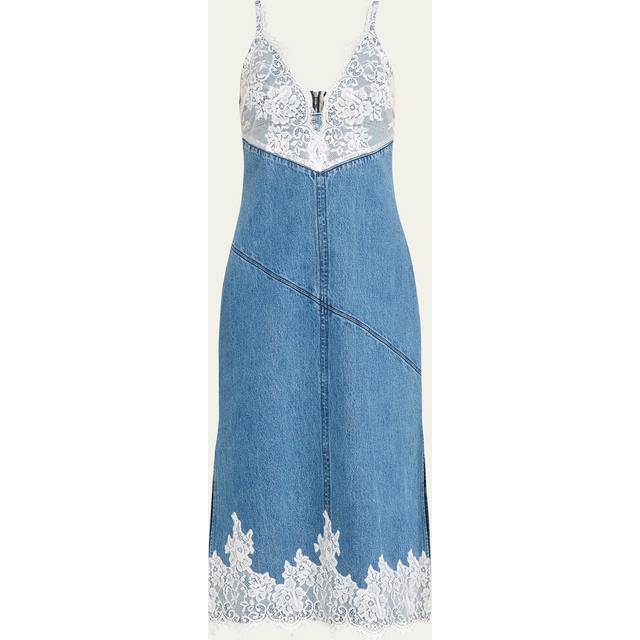 Lace and Denim Midi Slip Dress - BLUE - 6
