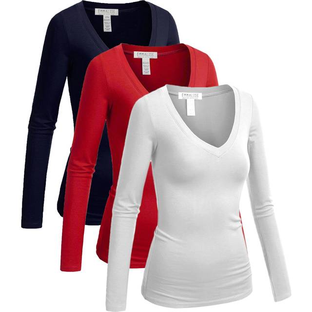 Emmalise Long Sleeve V Neck T Shirt Women-Junior sizes 3pk-white navy