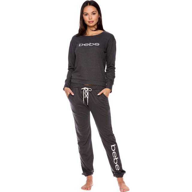 bebe Womens Pajama Sets - French Terry Pajamas Long Sleeve Pullover Top and PJ Pants with Pockets - Sleepwear for Women (Charcoal  Small)