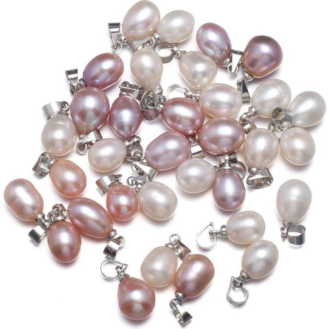 LE SKY 10 Pcs Natural Pearl Pendants Rice Shape AAA Cultured Freshwater Mixed Color Pearl Bead Pendant Pearl Charms for Jewelry Making 7-8mm