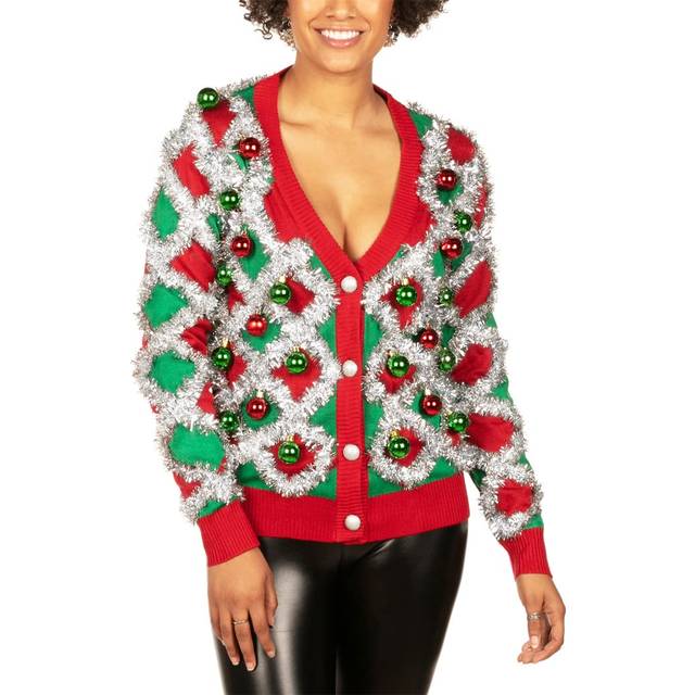 Women's Garland Christmas Sweater - Green and Red Tinsel Ornament Ugly Christmas Cardigan: Large