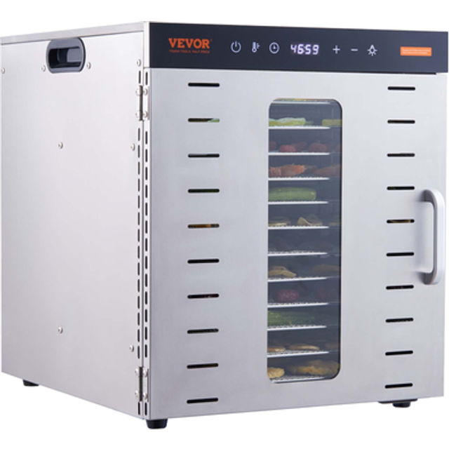VEVOR Elektrisk matdehydrator 10 brickor Rostfritt stål 1 kW Frukt- och grönsaksdehydrator Justerbar temperatur 30-90 ℃ 48 h Timer Frukttorkmaskin Livsmedelstorkning Kött Fisk