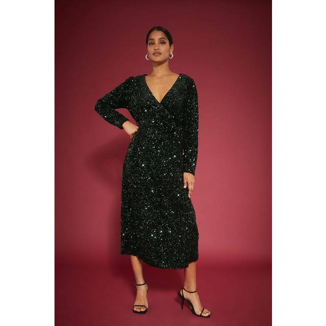 Womens Velvet Sequin Wrap Midi Dress - Bottle Green - 12
