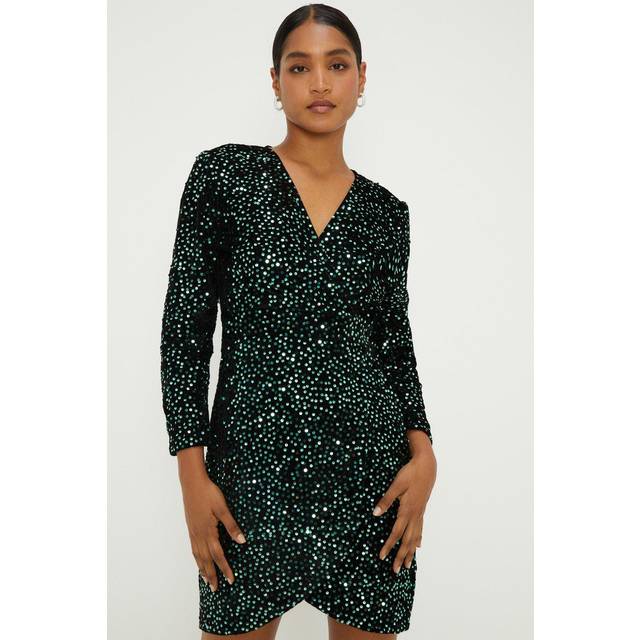 Dorothy Perkins Womens Wrap Mini Dress Green Sequin Velvet Long Sleeve