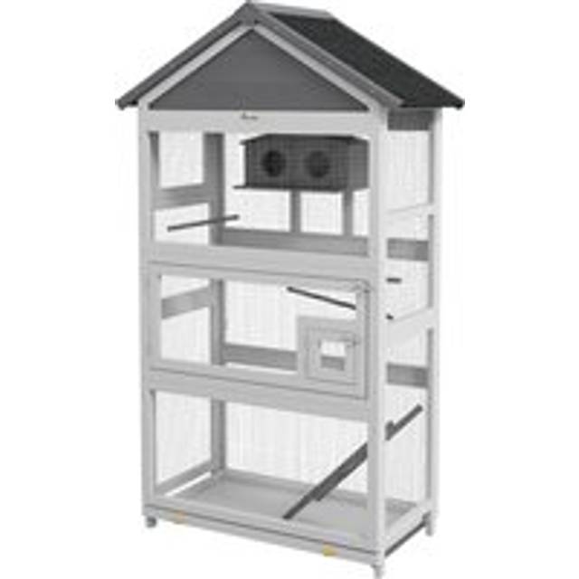 PawHut Wooden Bird Cage, with Stand, for Finches, Parakeets, Small birds - Grey