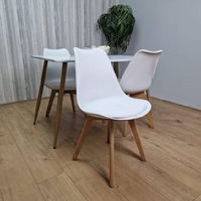 Kosy Koala Dining Table and 4 Chairs Dark Grey Wood 4 White Plastic Leather Chairs Dining Room, Multi
