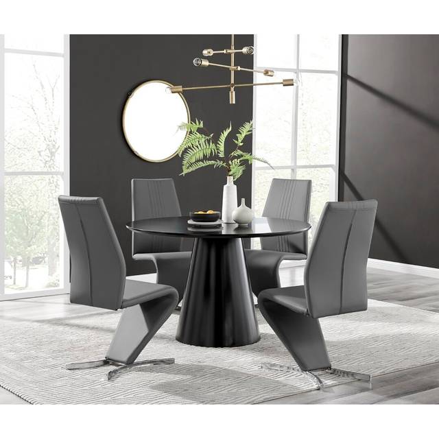 Edzard Statement Pedestal Round Dining Table Set & 4 Luxury Faux Leather Dining Chairs - Grey (4)