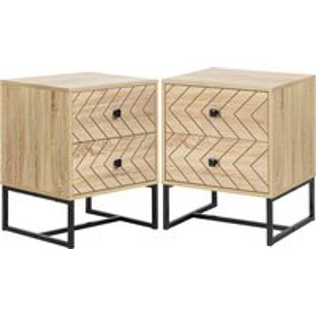 HOMCOM Bedside Table Nightstand Two-Drawer Bedroom Storage Unit Zig Zag Design with Black Metal Handles, Set of 2, Natural