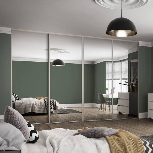 Spacepro Classic 4 Door Sliding Wardrobe Kit Framed Mirror 2370 x 2260mm in Cashmere Steel/Glass