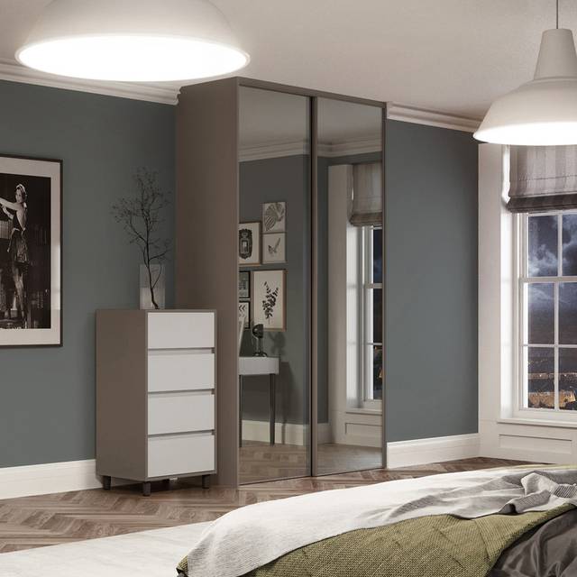 Spacepro Classic 2 Door Sliding Wardrobe Kit Stone Grey Framed Mirror 1185 x 2260mm