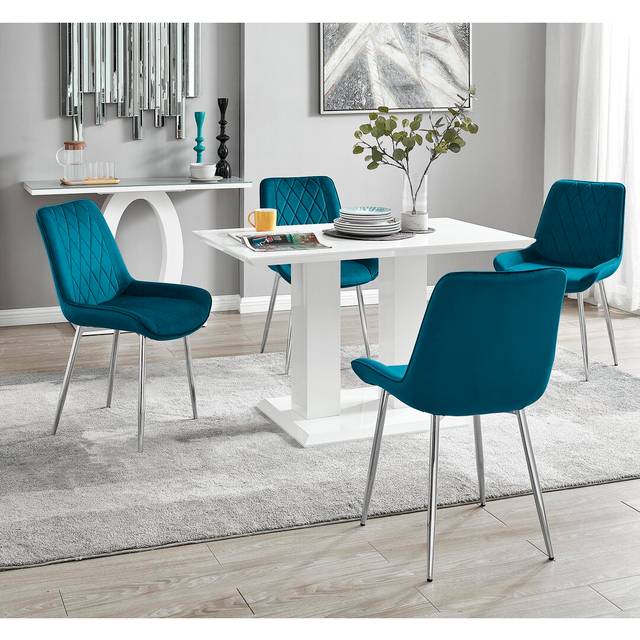 Edzard Double Pedestal High Gloss Dining Table Set with 4 Luxury Velvet Dining Chairs - Silver (4)