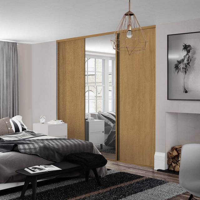 Spacepro Classic 3 Door Sliding Wardrobe Kit and Mirror 2216 x 2260mm in Oak Steel/MFC/Glass