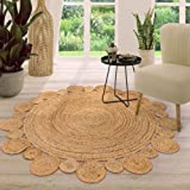 Jute Matta Sovrum Naturfibermatta Rund Boho Handgjord Ethno Bård Modernt, Färg:Natur, Storlek:100 cm Rund