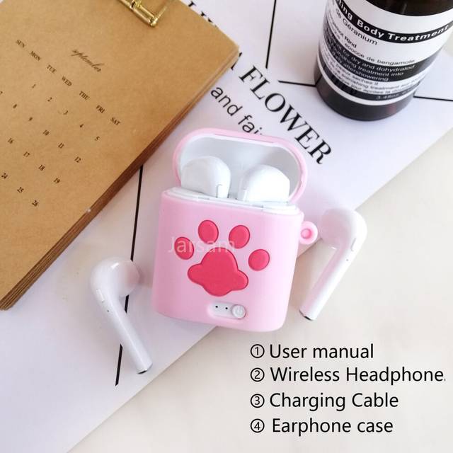 (a-pinkpaws) Cartoon Headphones Bluetooth 5.0 Earphones Wireless Headsets Stereo Bass Earbuds In-ear Sport Waterproof Headphone