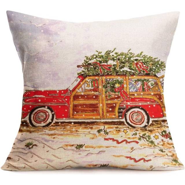 Red Truck and Christmas Tree Cotton Linen Throw Waist Pillow Case Cushion Cover Xmas Winter Home Christmas Decorative 18x18 (G)