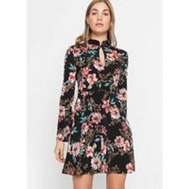 nachhaltiges Damen Mini-Kleid Sommer-Kleid mit Blüten-Druck und Trompetenärmeln Freizeit-Kleid 961673 Schwarz/Bunt