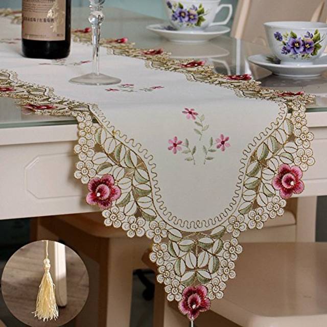 Table Runner 40x176cm, Washable Wedding Tea Table Cover Decoration Hollow Mesh Floral Tablecloth Vintage Embroidered Flowers Table Runner for