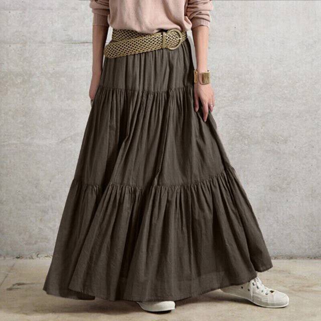 (Brown, 4XL) Women Pleated Skirt Maxi Vintage Casual Loose Ruffle Long Swing Dress Plus Size