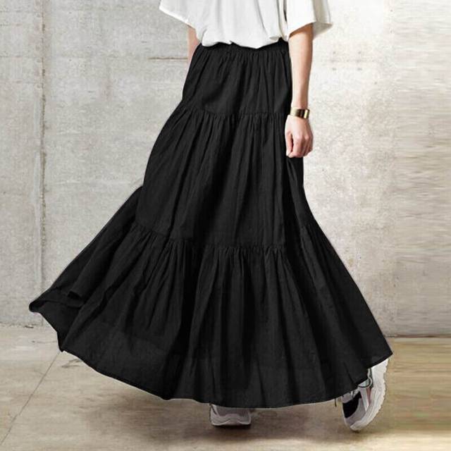 (Black, S) Women Pleated Skirt Maxi Vintage Casual Loose Ruffle Long Swing Dress Plus Size