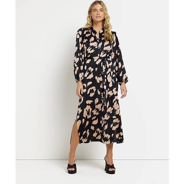 River Island Womens Midi Shirt Dress Black Satin Animal Print - Size 6 UK