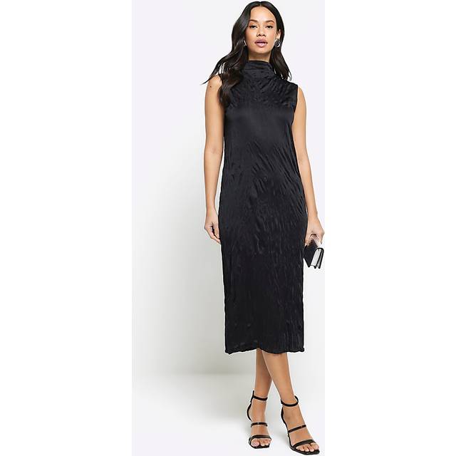 River Island Womens Black Crinkle High Neck Bodycon Midi Dress - 14