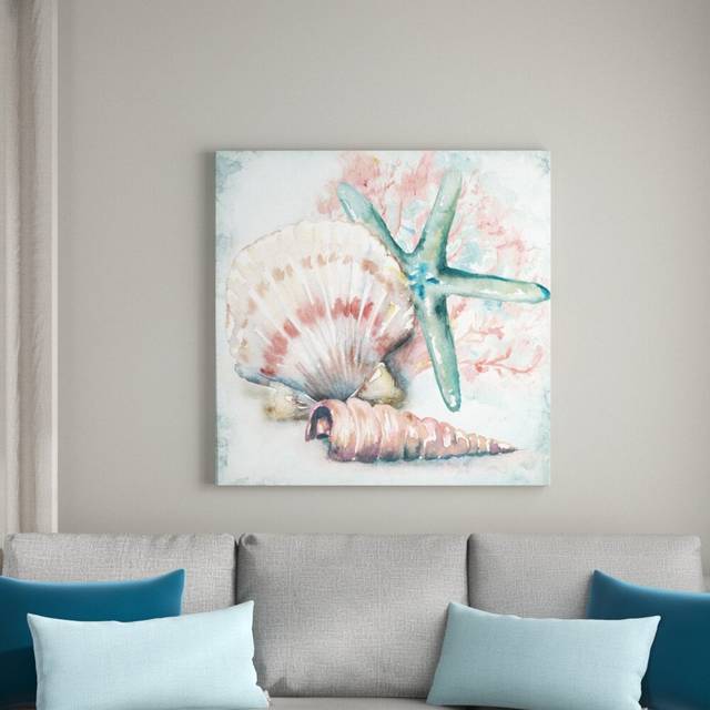 &#39;Sea Shells IV&#39; by Tre Sorelle Studios Watercolour Painting Print on Wrapped Canvas (91.44cm H x 91.44cm W)