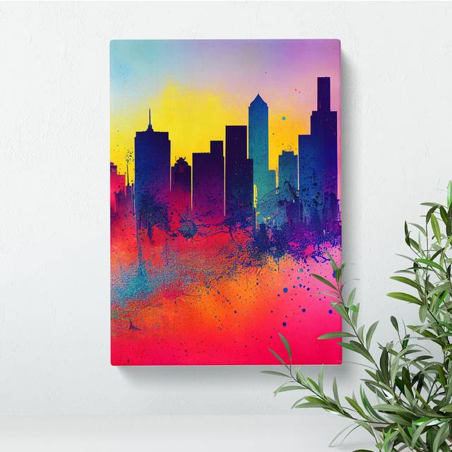 Paint Splashed City Skyline No.2 Abstract - Wrapped Canvas Graphic Art - Grey;Orange;Purple (50cm H x 35cm W x 3cm D)