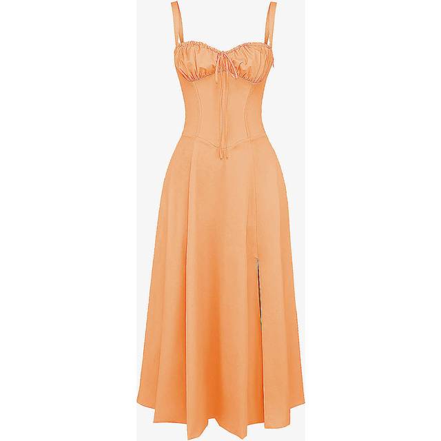 House of Cb Womens Tangerine Carmen Gathered-cup Stretch Cotton-blend Midi Dress L - TANGERINE