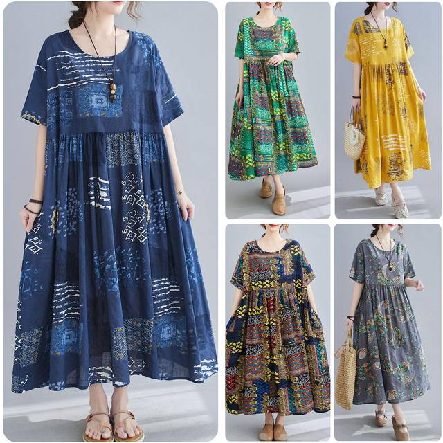 Vintage Women Cotton Linen Dress Print O Neck Short Sleeve Pocket Loose Casual Sundress Maxi Dress One Size blue