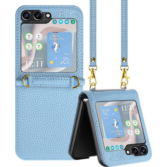 For Samsung Galaxy Z Flip5 Case, Litchi Grain PU Leather Folio Cover Magnetic Closure Flip Wallet Card Slots Stand Case With Hand Strap,Blue