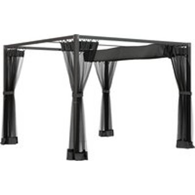 Outsunny 3 X 3 M Retractable Pergola, Garden Gazebo Shelter With Nettings, For Grill, Patio, Deck, Dark Grey