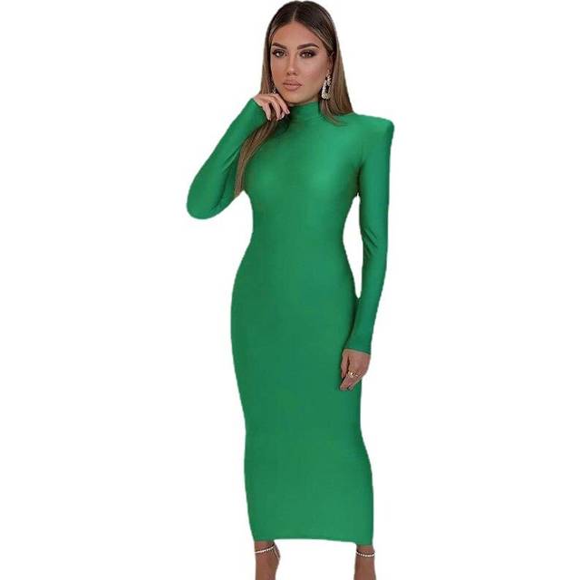 (L, green) Women's Wide Shoulder Bodycon Dress Formal Long Sleeve Mock Neck Smooth Fitted Shoulder Pad Maxi Party Dress