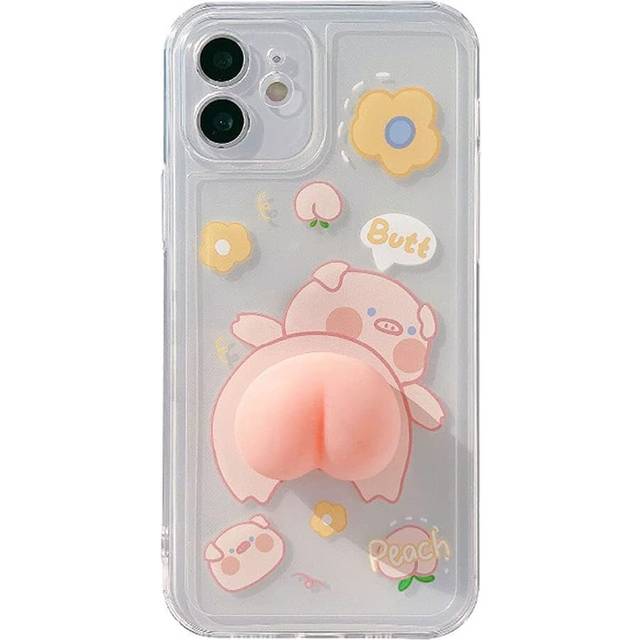 Phone Case for iPhone 13, Novelty Waving 3D Squeezable Peach Butt Piggy Pattern Happy Pig Case Transparent Soft TPU Silicone Rubber Case Help Relax