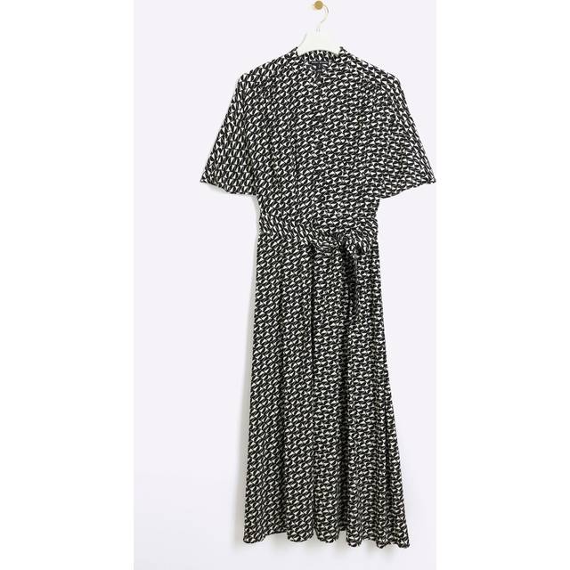 River Island Womens Midi Shirt Dress Black Geometric Belted Viscose - Size 6 UK