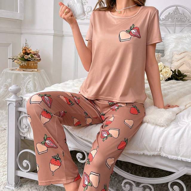 damer Kort Ärm T-shirts Och Byxor Pyjamasset Med Jordgubbstryck - Multifärgad (L,M,S,XL)